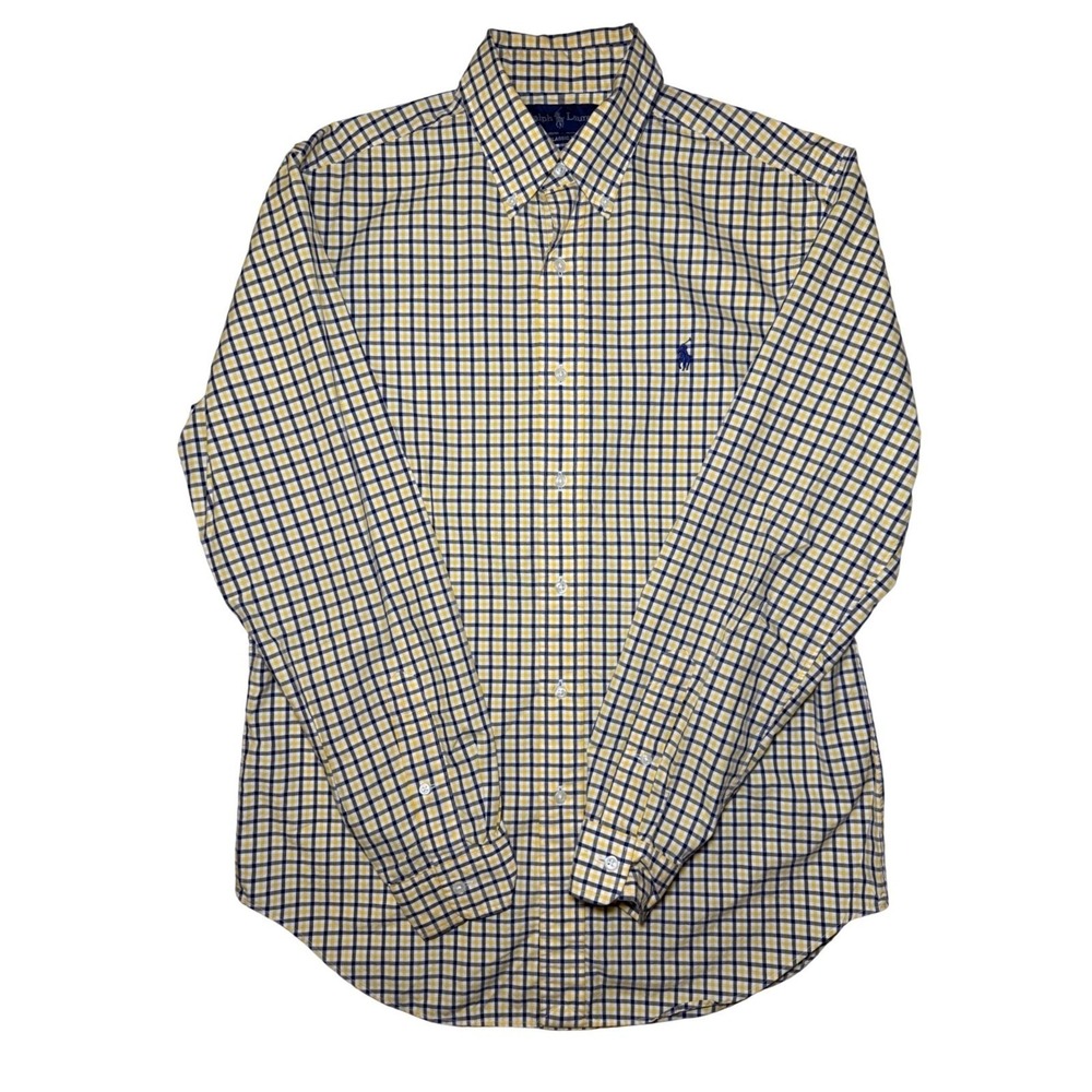 Ralph Lauren Classic Fit Gingham Button Down Shirt  Mens Medium Yellow Navy